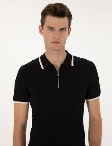 Siyah Slim Fit Polo Yaka Fermuarlı Triko Kazak
