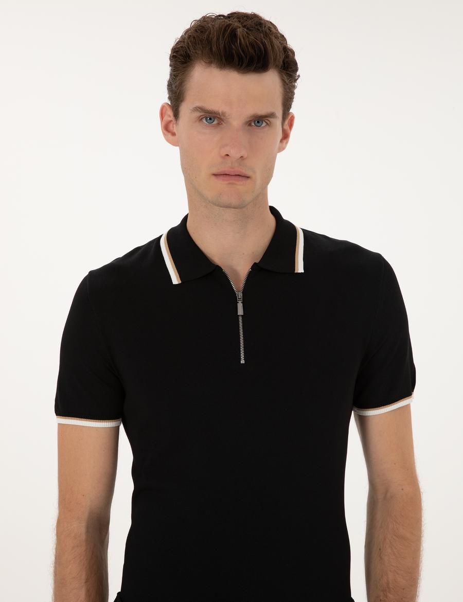 Siyah Slim Fit Polo Yaka Fermuarlı Triko Kazak