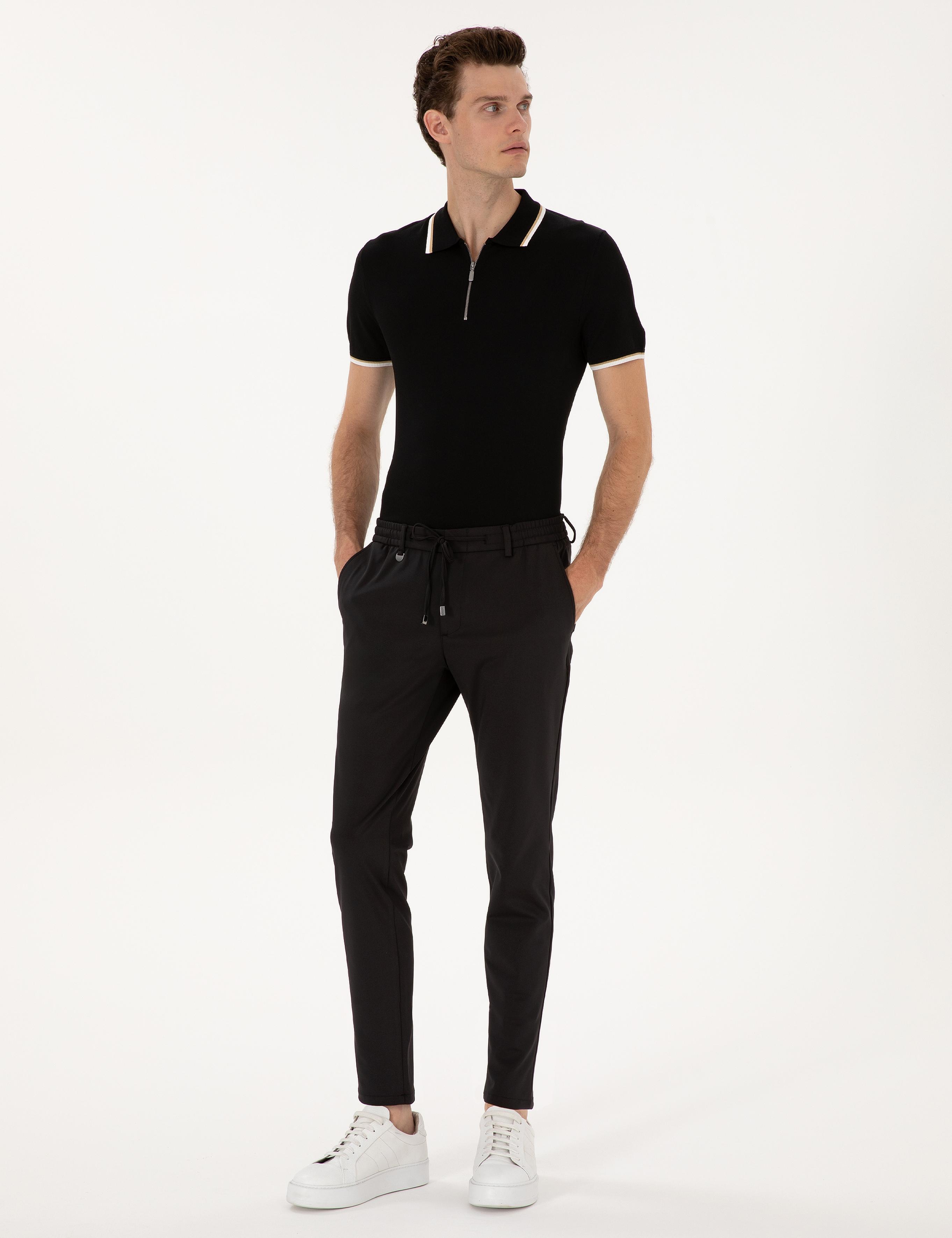 Siyah Slim Fit Polo Yaka Fermuarlı Triko Kazak