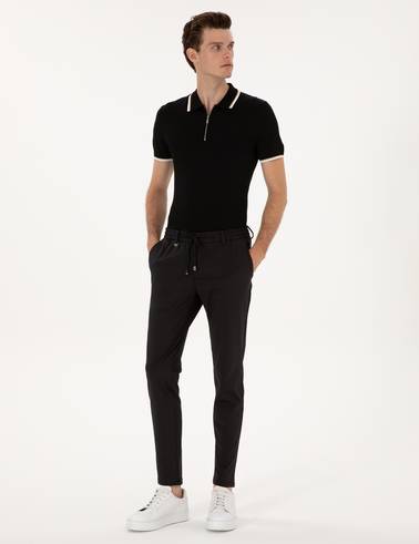 Siyah Slim Fit Polo Yaka Fermuarlı Triko Kazak