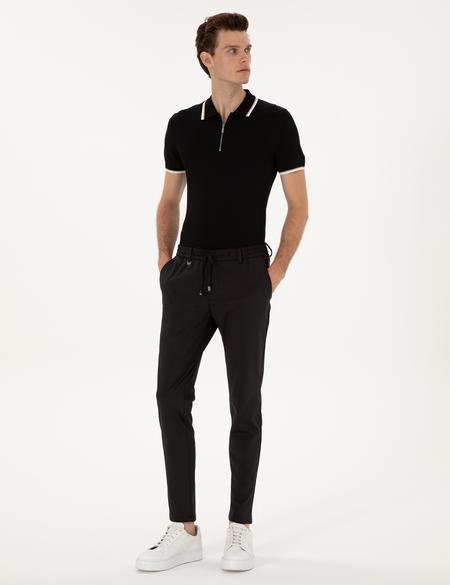 Siyah Slim Fit Polo Yaka Fermuarlı Triko Kazak - 50315745001