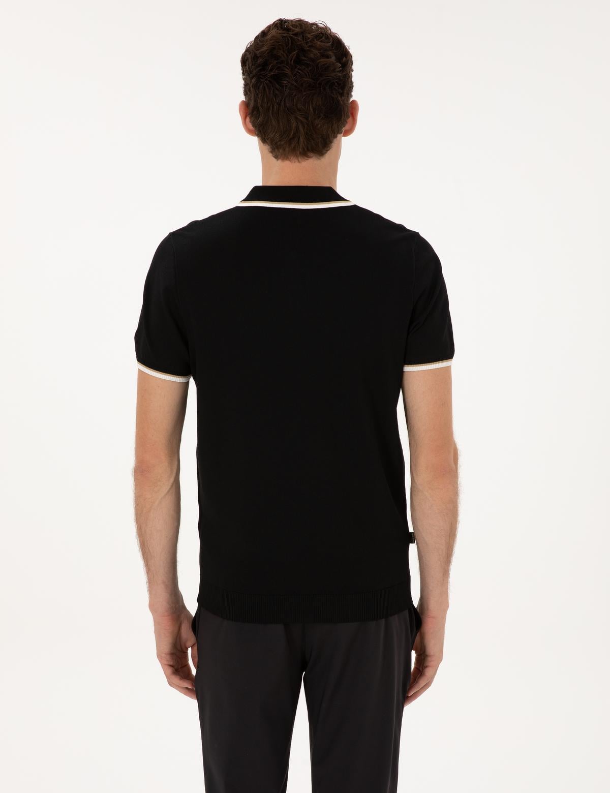 Siyah Slim Fit Polo Yaka Fermuarlı Triko Kazak - 50315745001