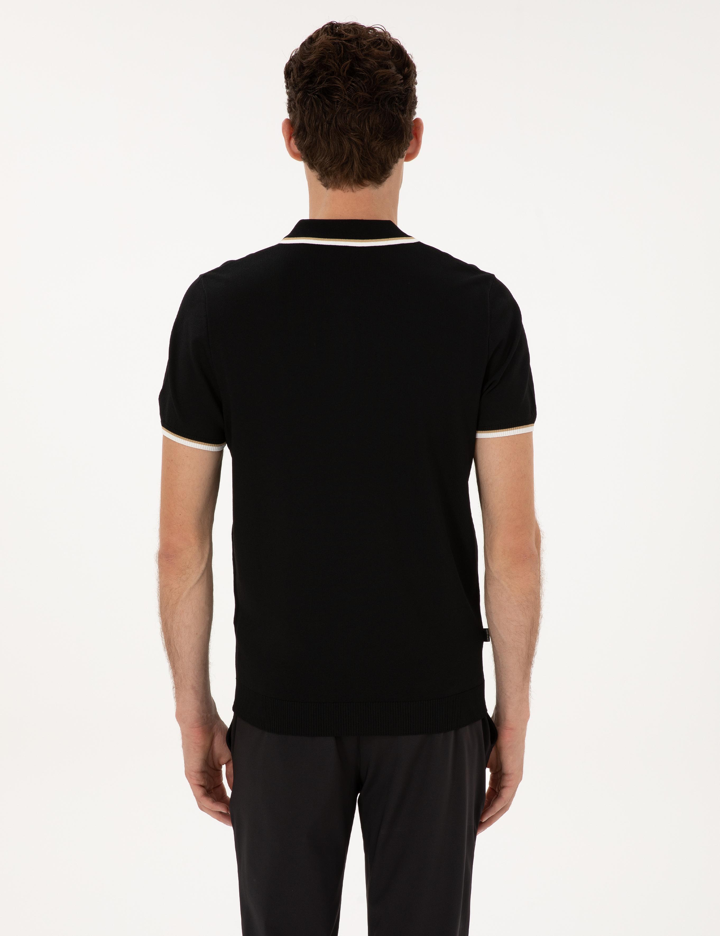 Siyah Slim Fit Polo Yaka Fermuarlı Triko Kazak