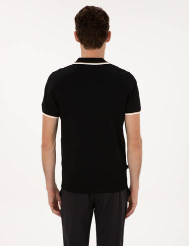 Siyah Slim Fit Polo Yaka Fermuarlı Triko Kazak