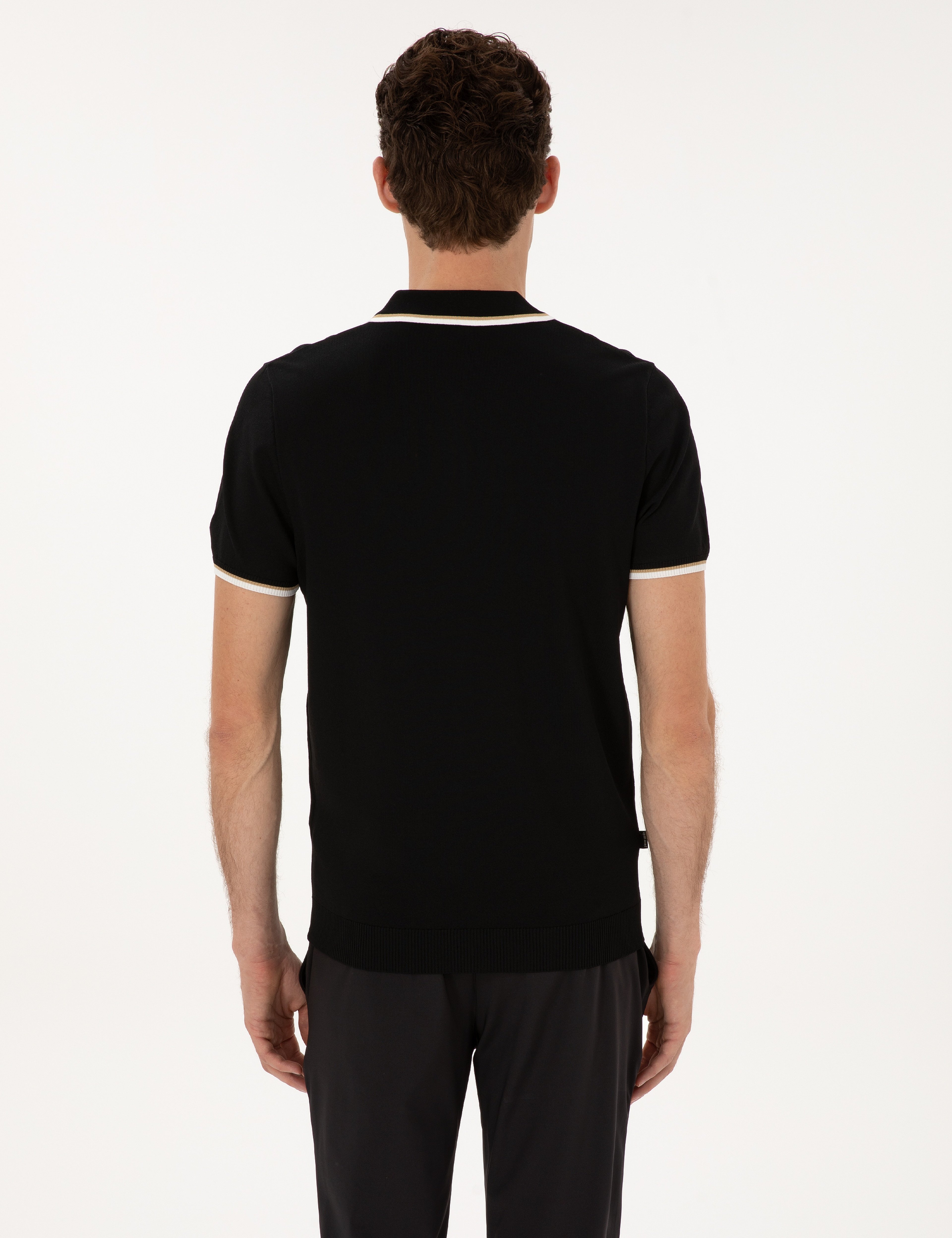 Siyah Slim Fit Polo Yaka Fermuarlı Triko Kazak