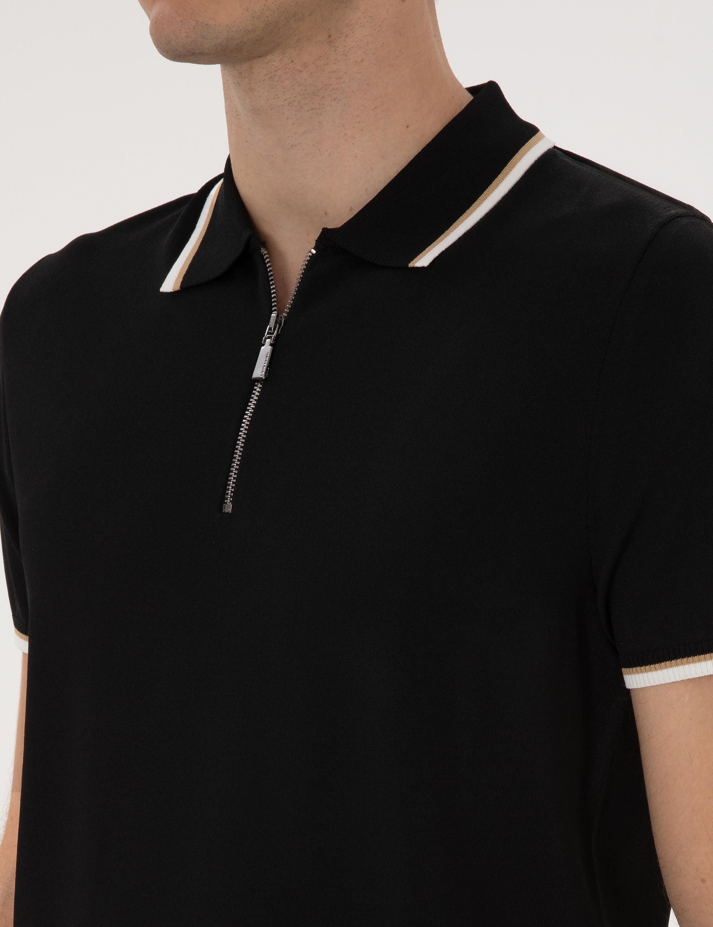 Siyah Slim Fit Polo Yaka Fermuarlı Triko Kazak