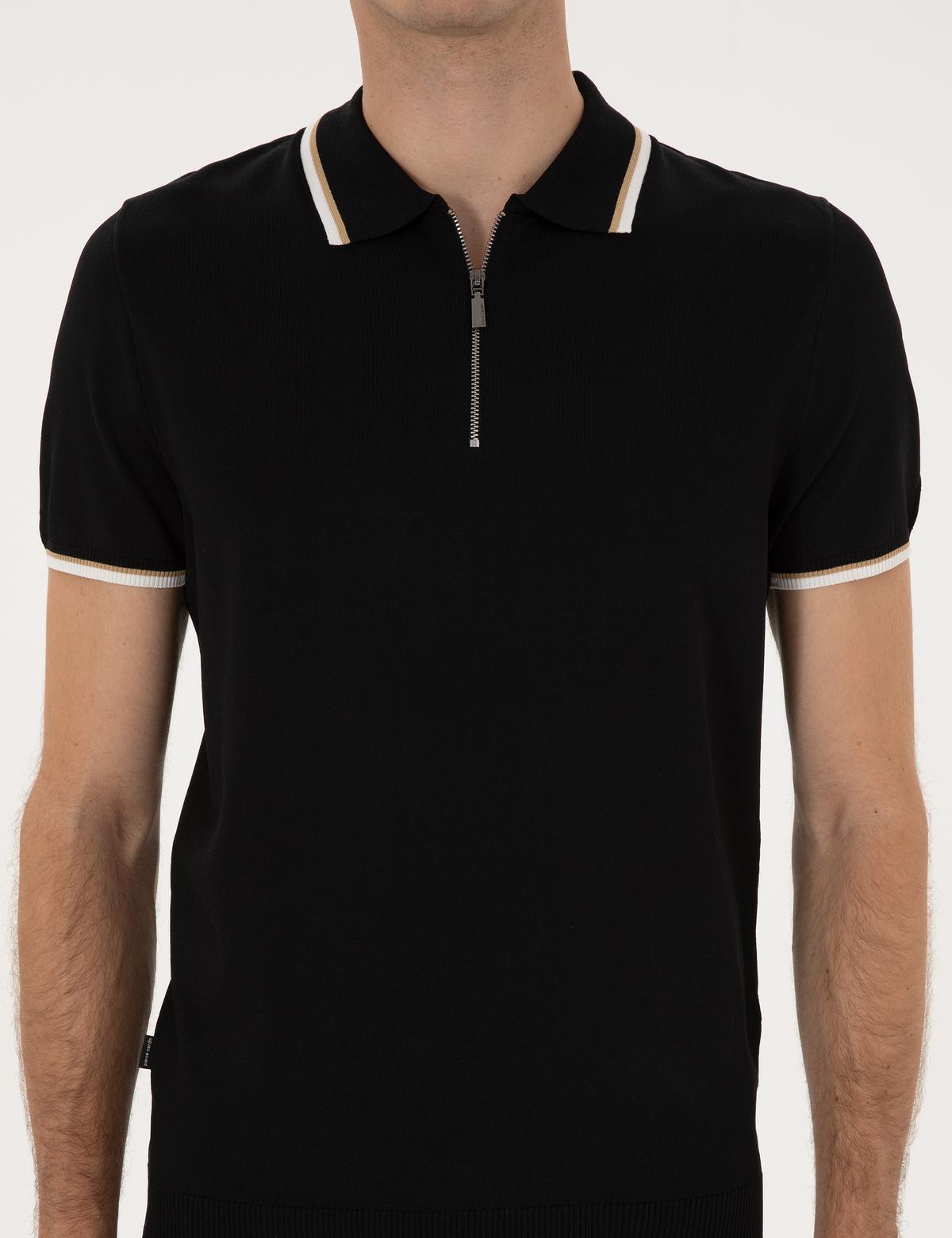 Siyah Slim Fit Polo Yaka Fermuarlı Triko Kazak - 50315745001