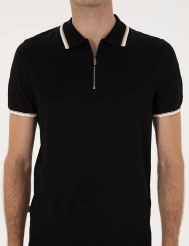 Siyah Slim Fit Polo Yaka Fermuarlı Triko Kazak