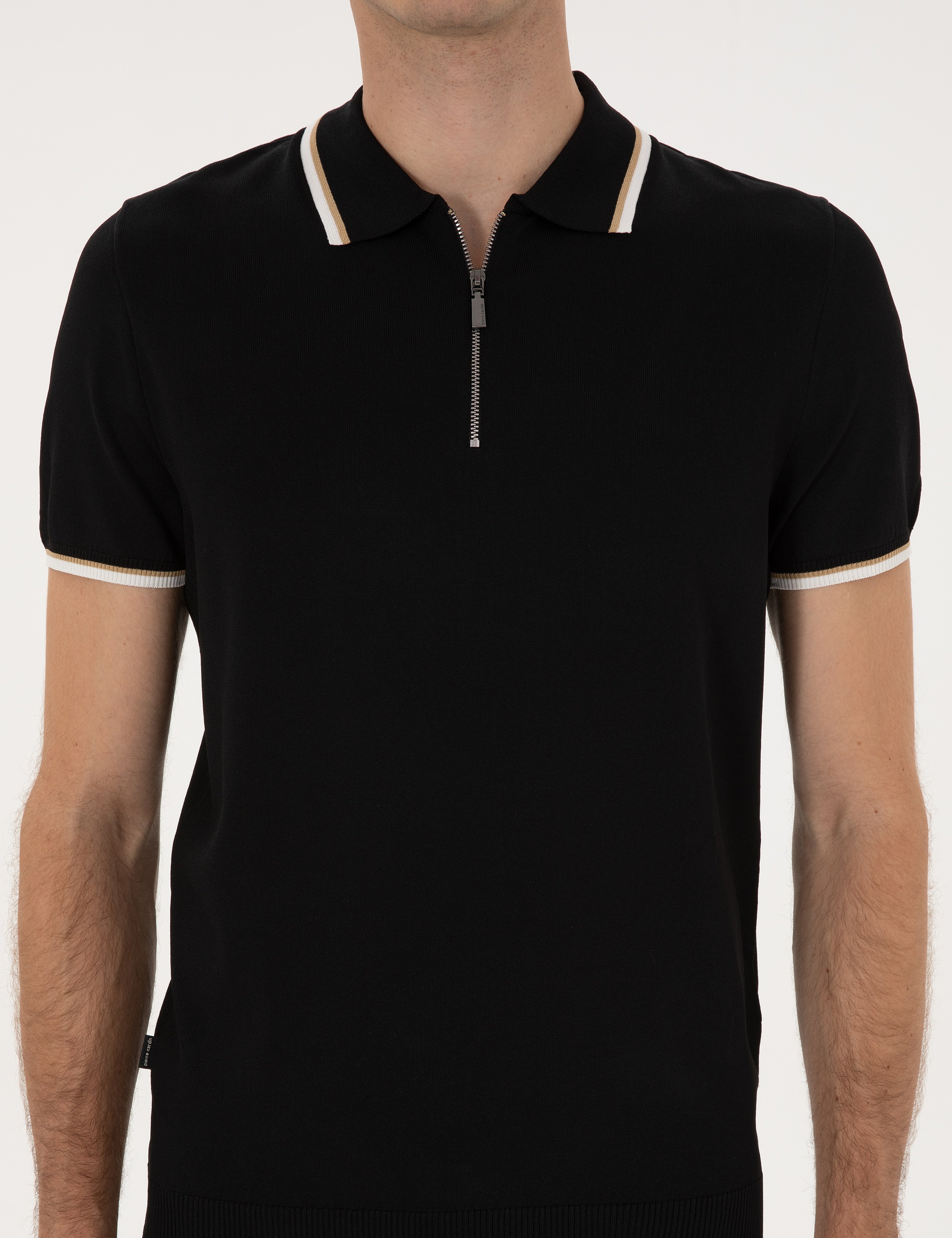 Siyah Slim Fit Polo Yaka Fermuarlı Triko Kazak