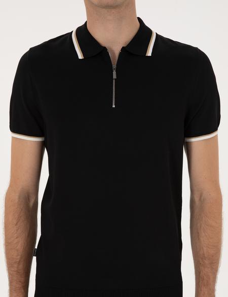 Siyah Slim Fit Polo Yaka Fermuarlı Triko Kazak - 50315745001