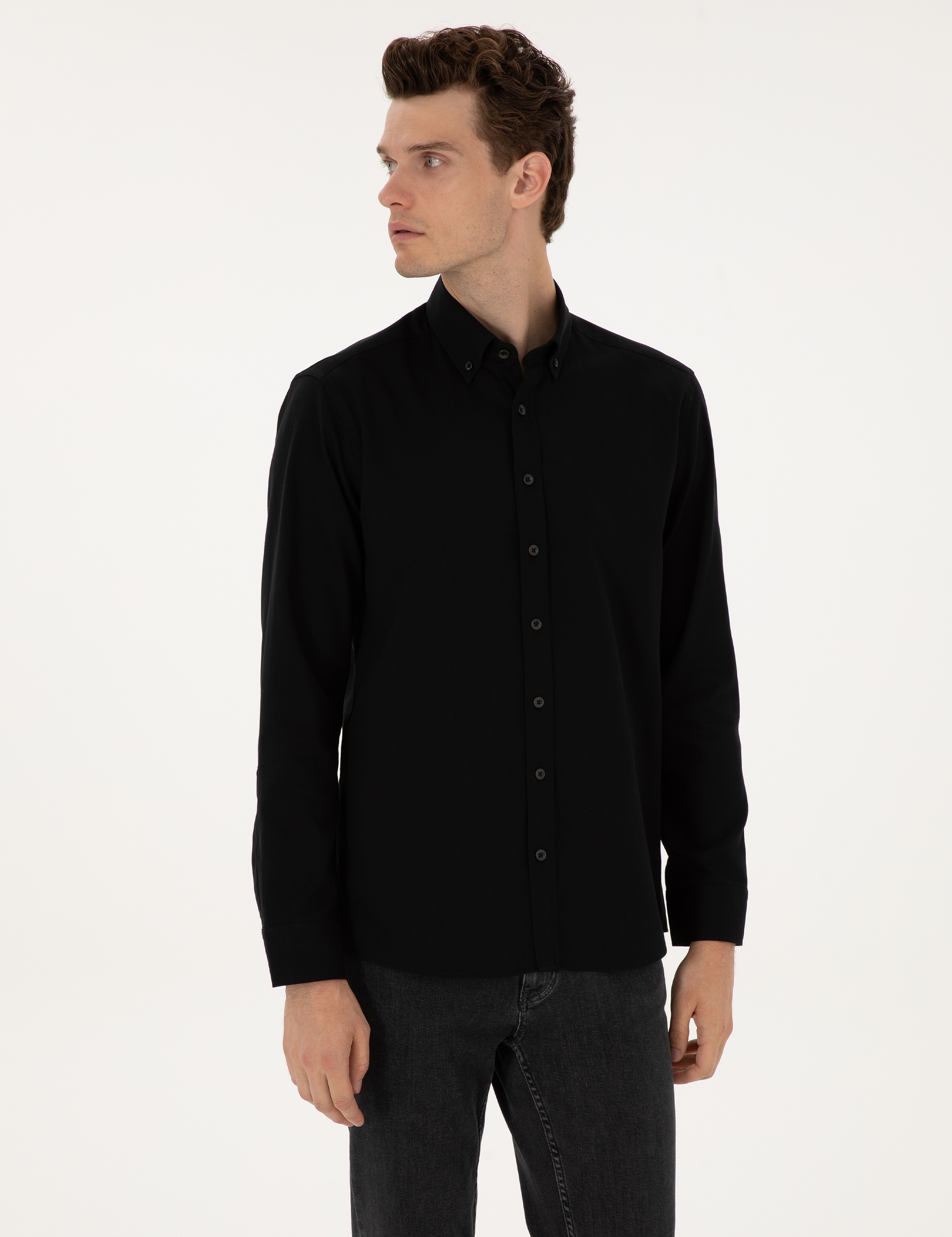 Siyah Regular Fit Uzun Kollu Gömlek - Image 3