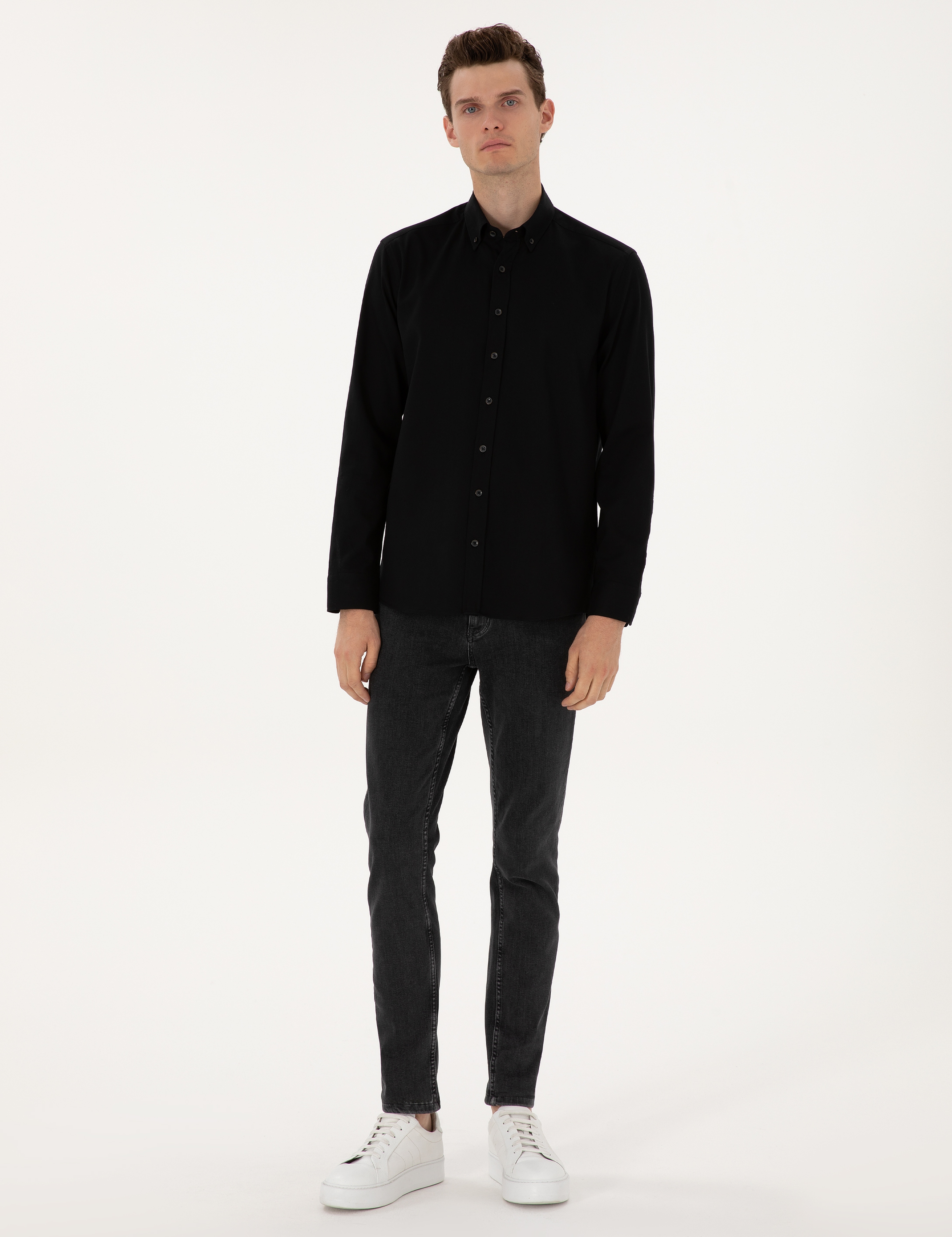 Siyah Regular Fit Uzun Kollu Gömlek - Image 4