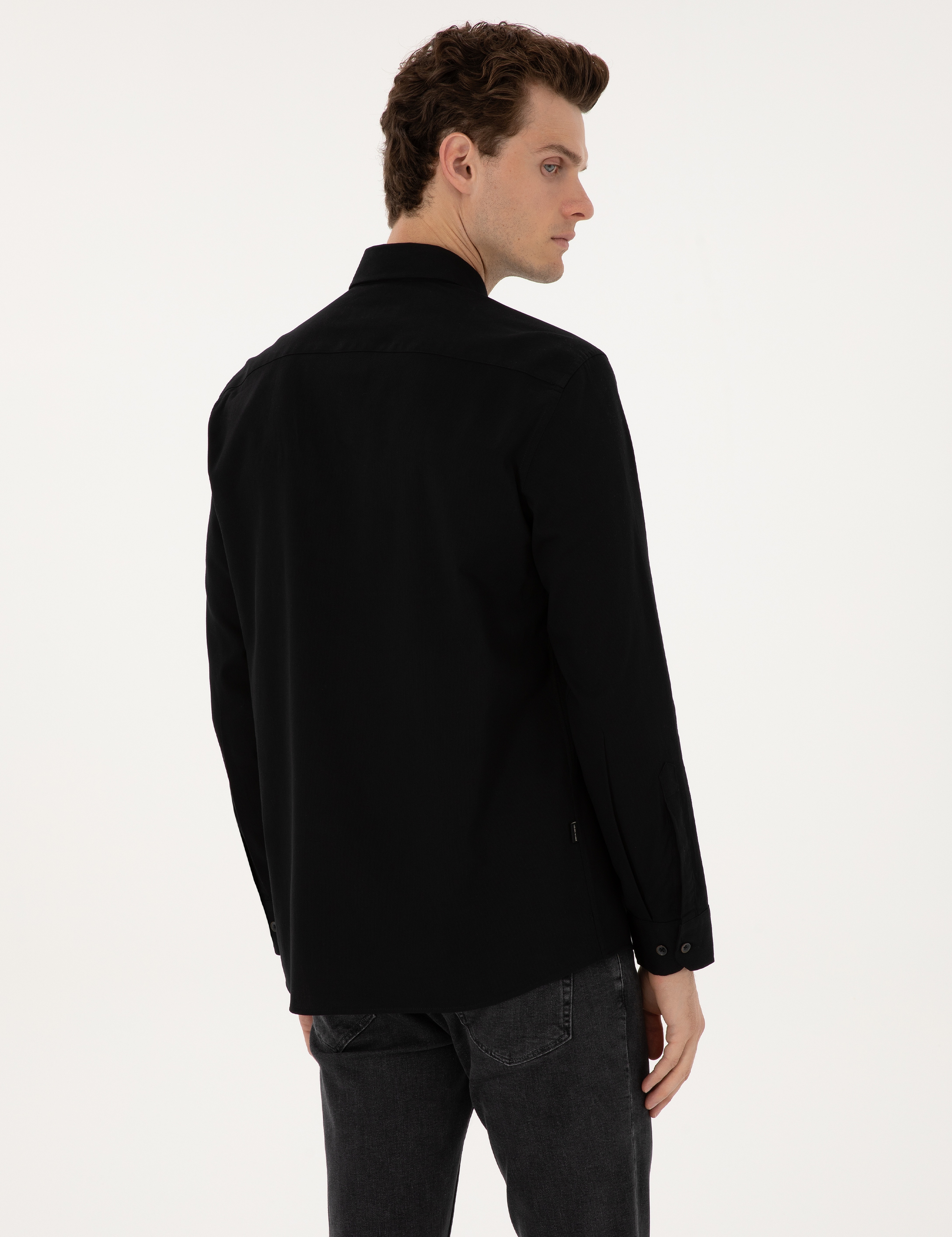 Siyah Regular Fit Uzun Kollu Gömlek - Image 5
