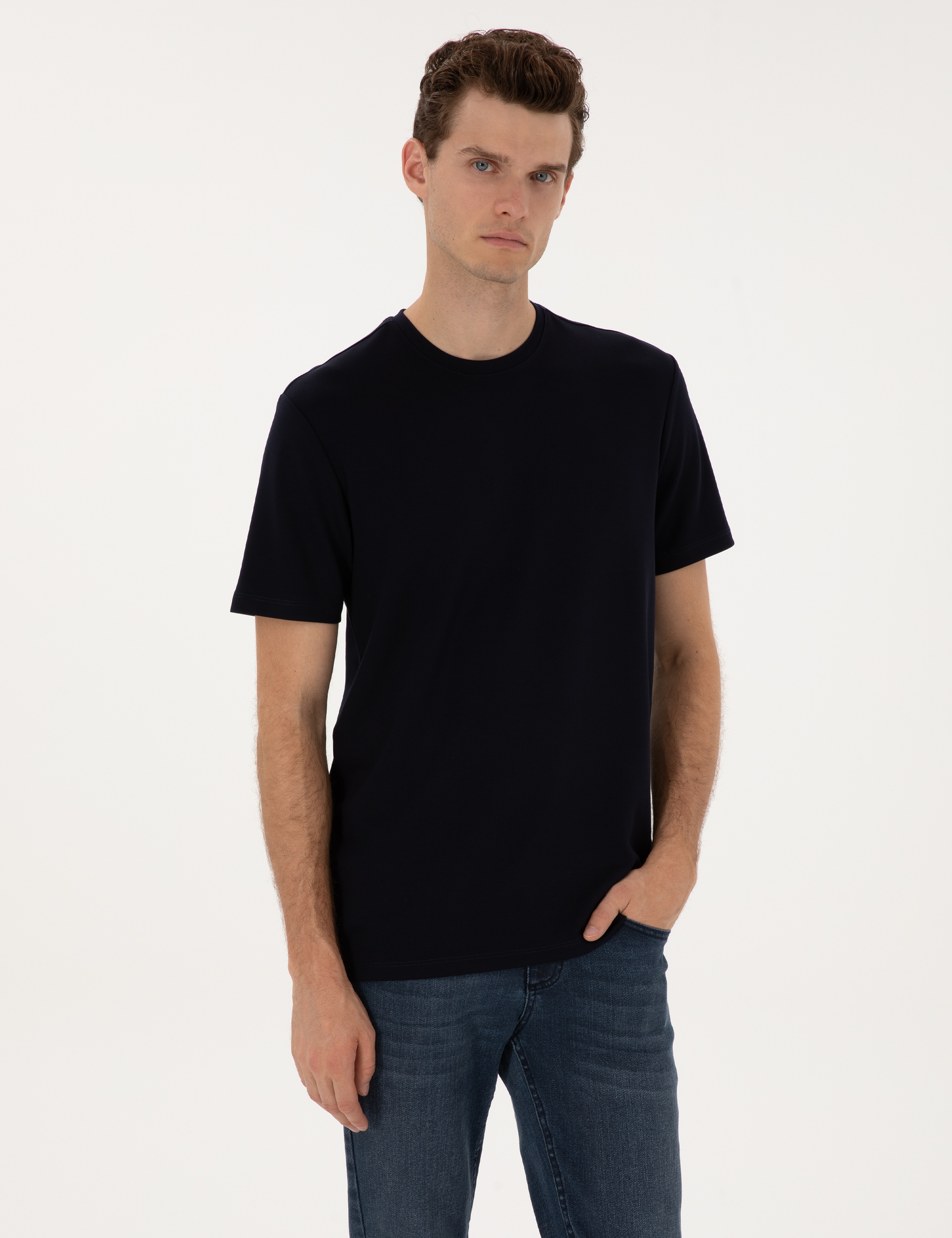 Lacivert Regular Fit Kalın Dokulu Bisiklet Yaka Basic Tişört - Image 3