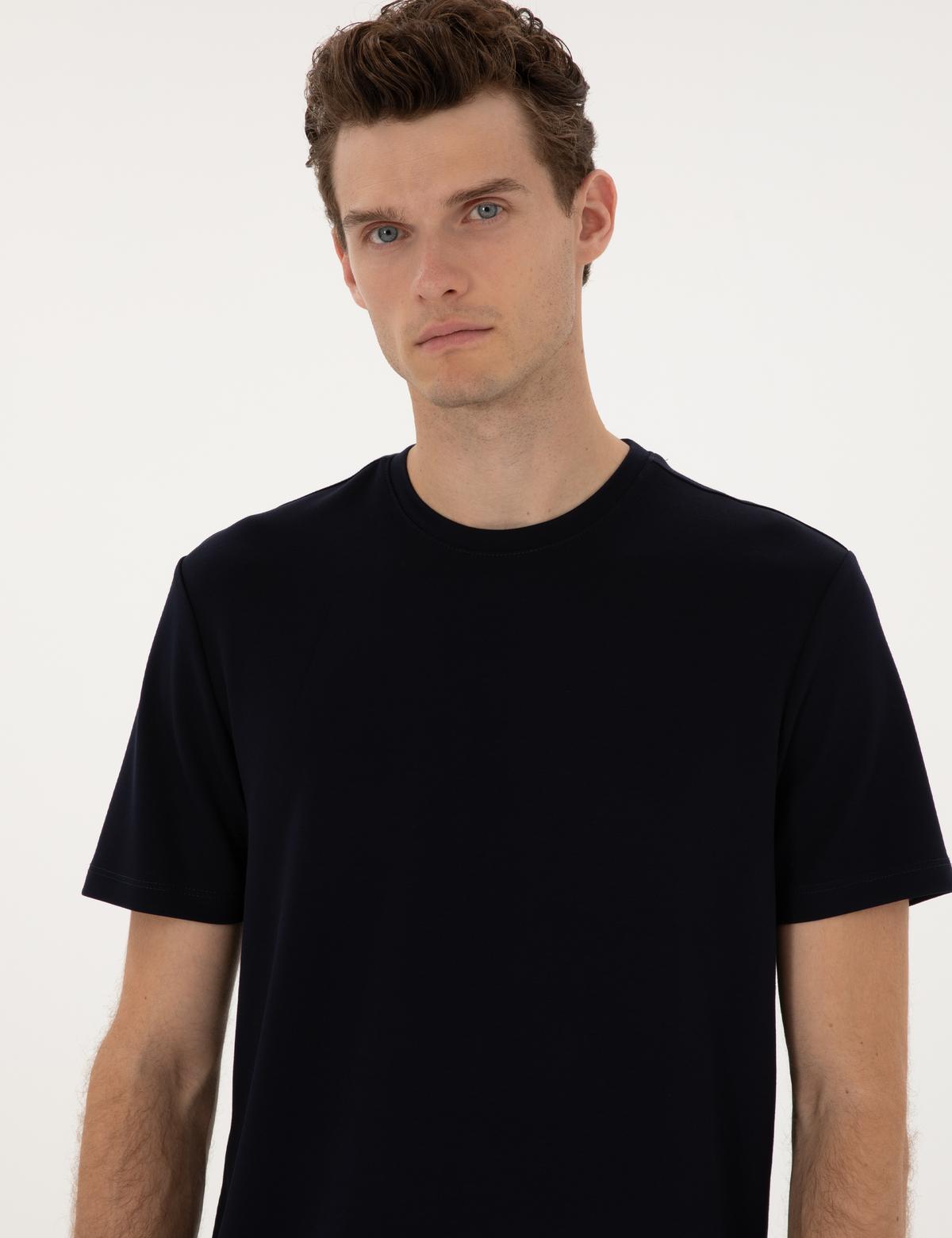 Lacivert Regular Fit Kalın Dokulu Bisiklet Yaka Basic Tişört - 50308037098