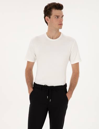 Ekru Regular Fit Kalın Dokulu Bisiklet Yaka Basic Tişört