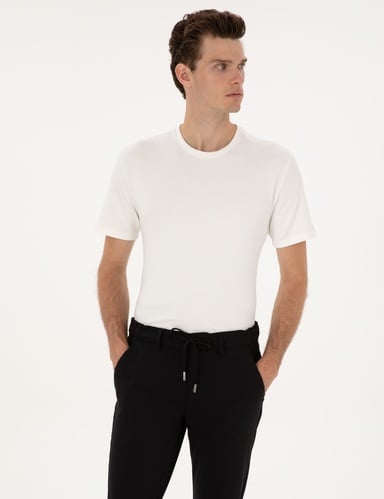 Ekru Regular Fit Kalın Dokulu Bisiklet Yaka Basic Tişört