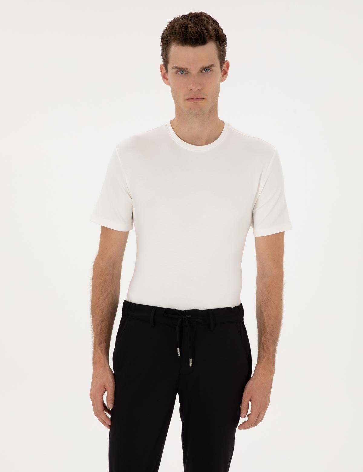 Ekru Regular Fit Kalın Dokulu Bisiklet Yaka Basic Tişört - 50308037088