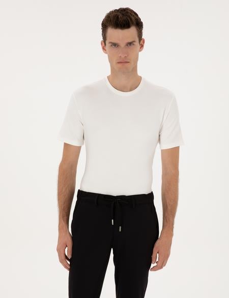 Ekru Regular Fit Kalın Dokulu Bisiklet Yaka Basic Tişört - 50308037088