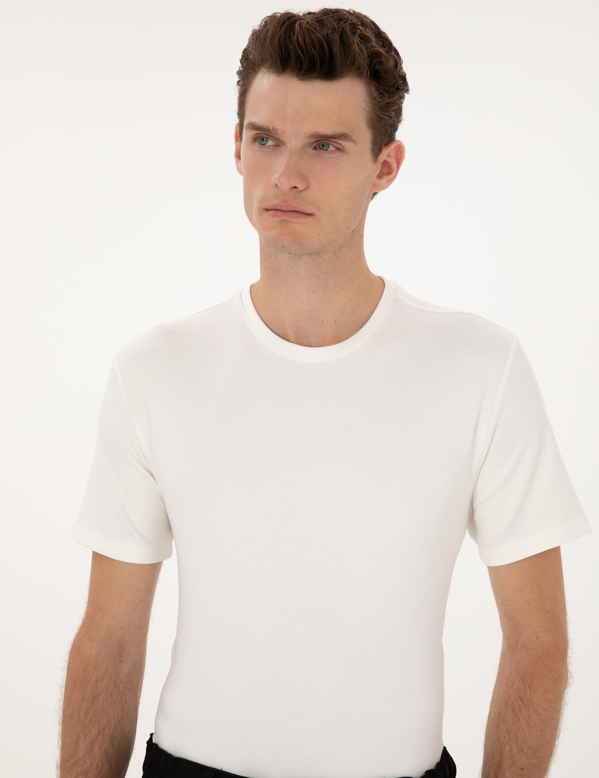 Ekru Regular Fit Kalın Dokulu Bisiklet Yaka Basic Tişört - 50308037088