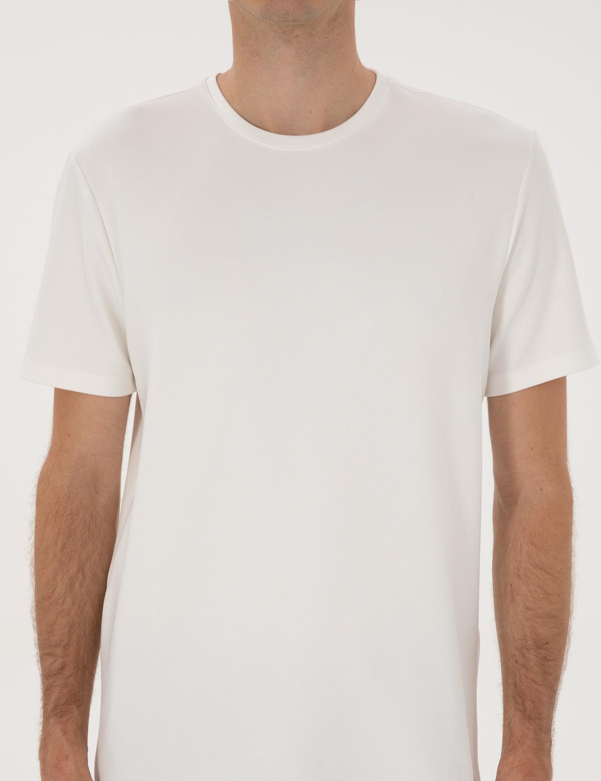 Ekru Regular Fit Kalın Dokulu Bisiklet Yaka Basic Tişört - 50308037088