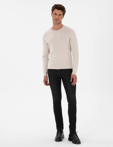 Krem Slim Fit Bisiklet Yaka Basic Triko Kazak