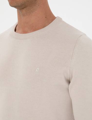 Krem Slim Fit Bisiklet Yaka Basic Triko Kazak