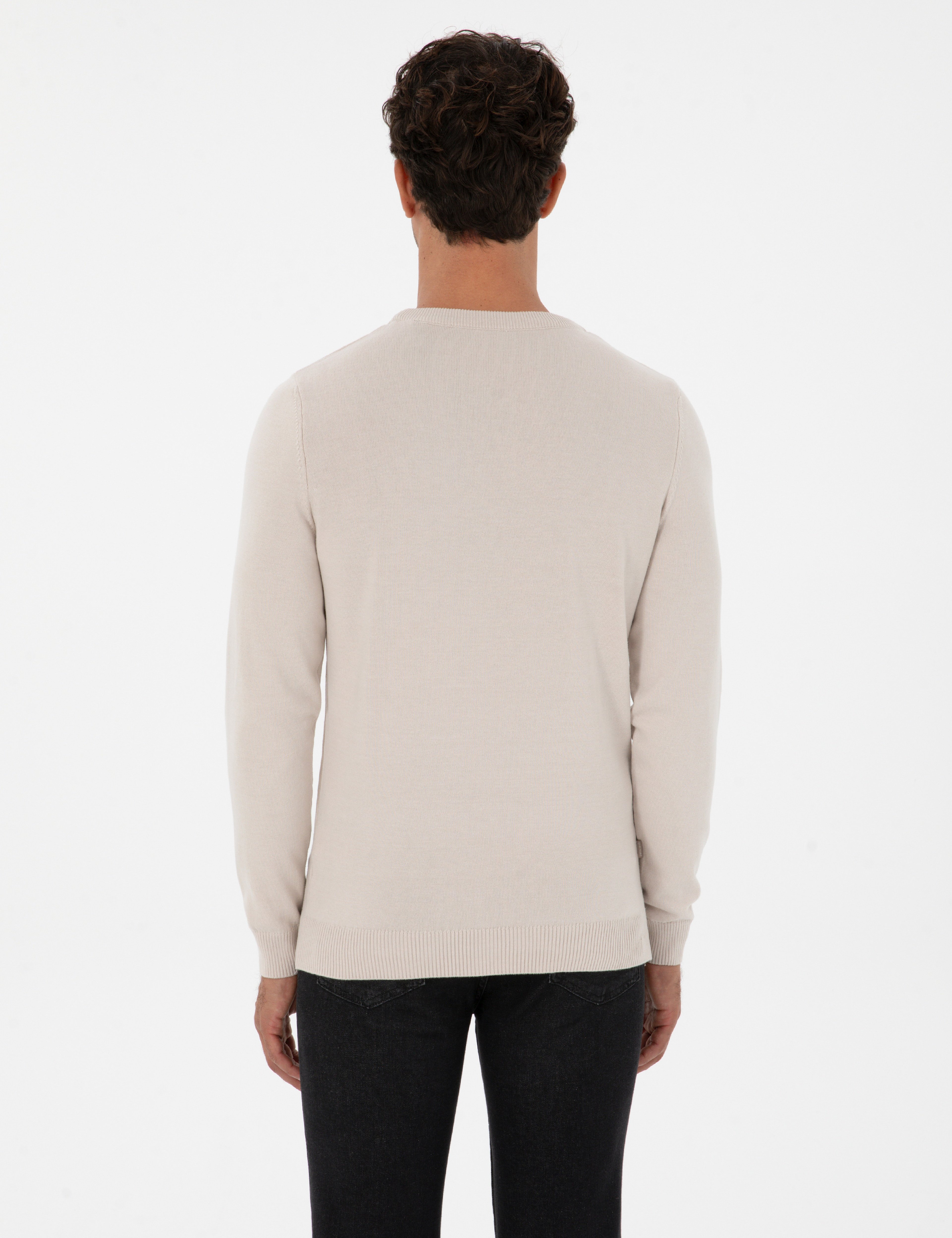 Krem Slim Fit Bisiklet Yaka Basic Triko Kazak