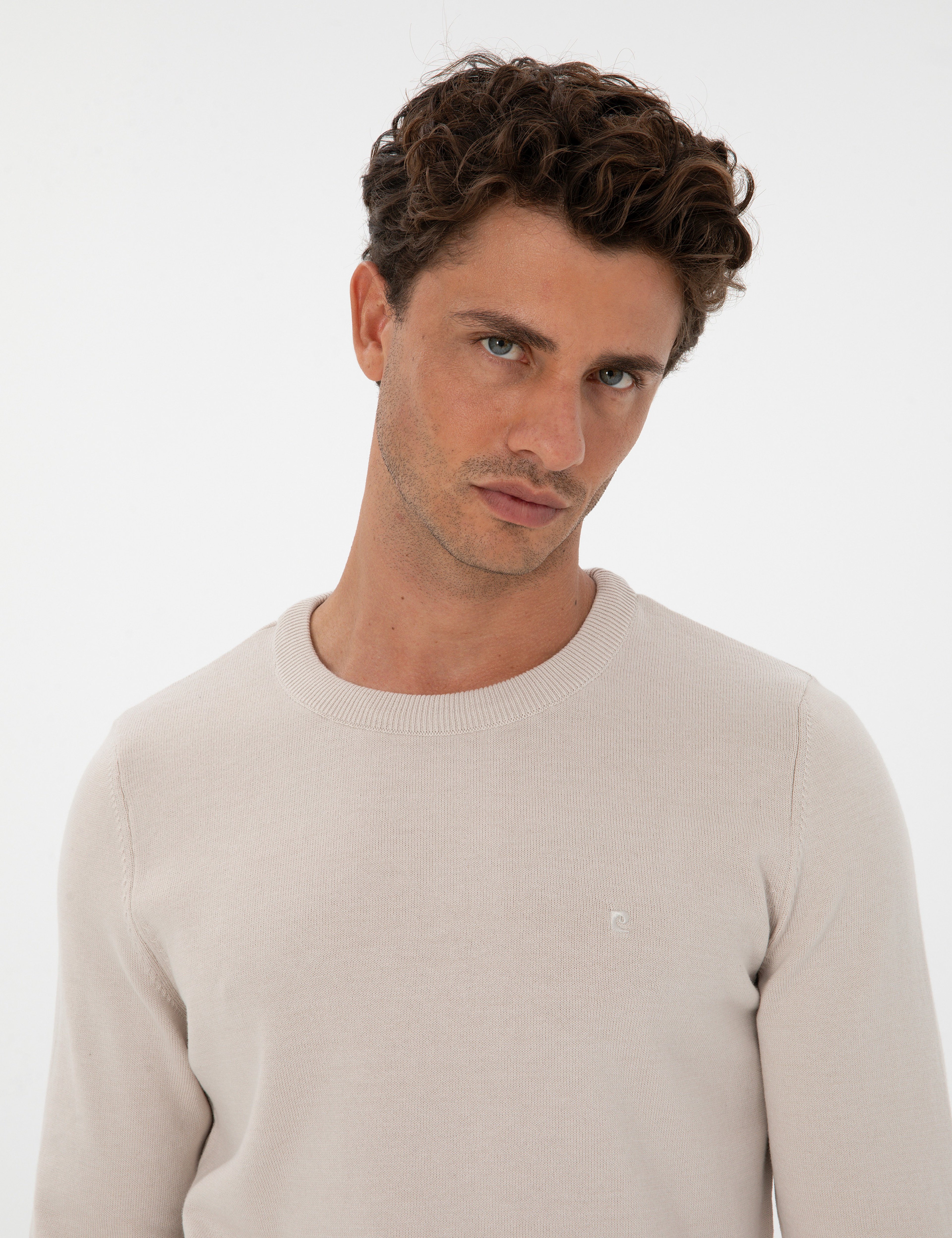 Krem Slim Fit Bisiklet Yaka Basic Triko Kazak - Image 2