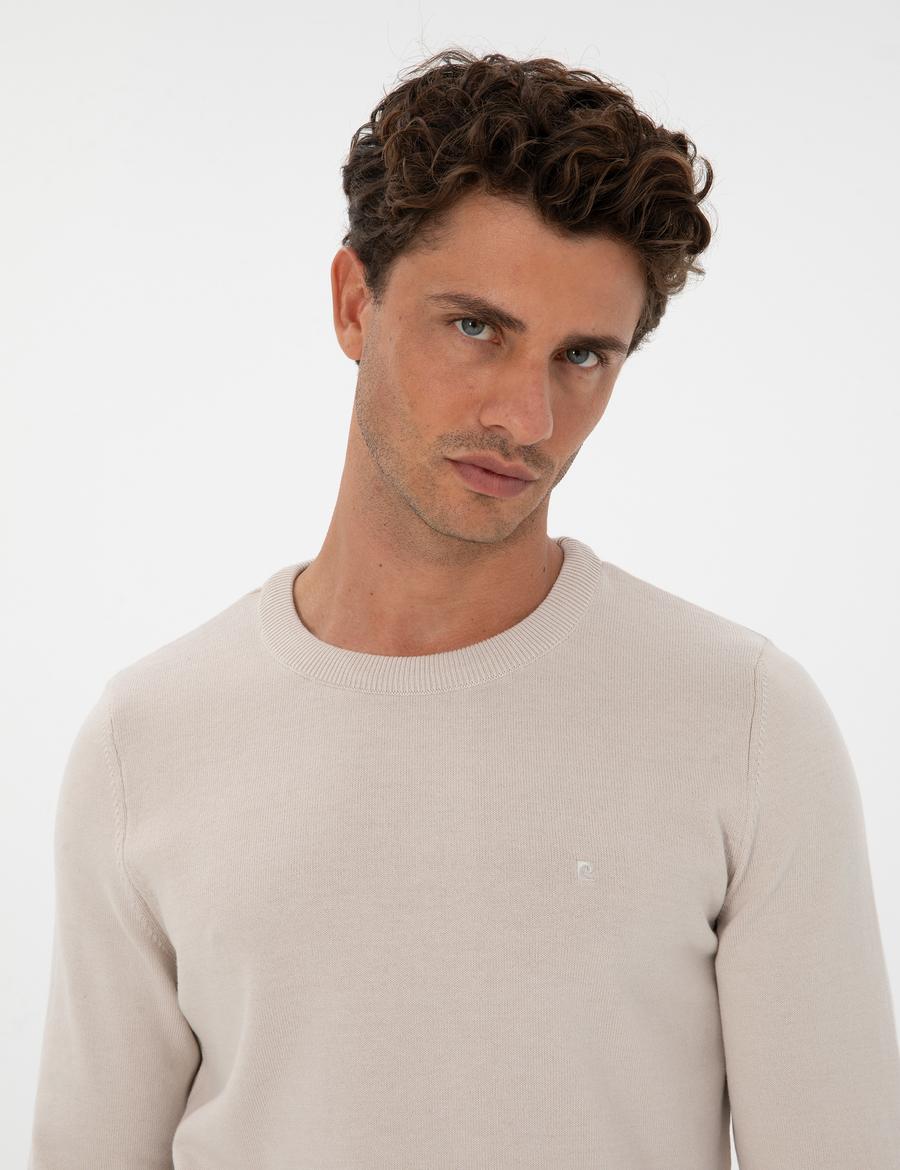 Krem Slim Fit Bisiklet Yaka Basic Triko Kazak