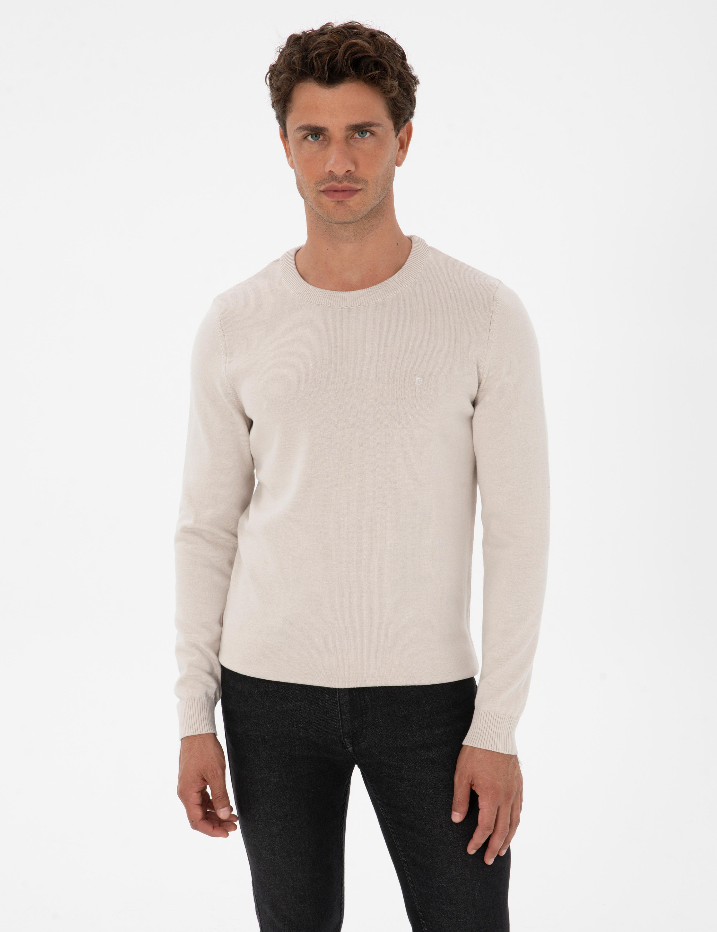 Krem Slim Fit Bisiklet Yaka Basic Triko Kazak