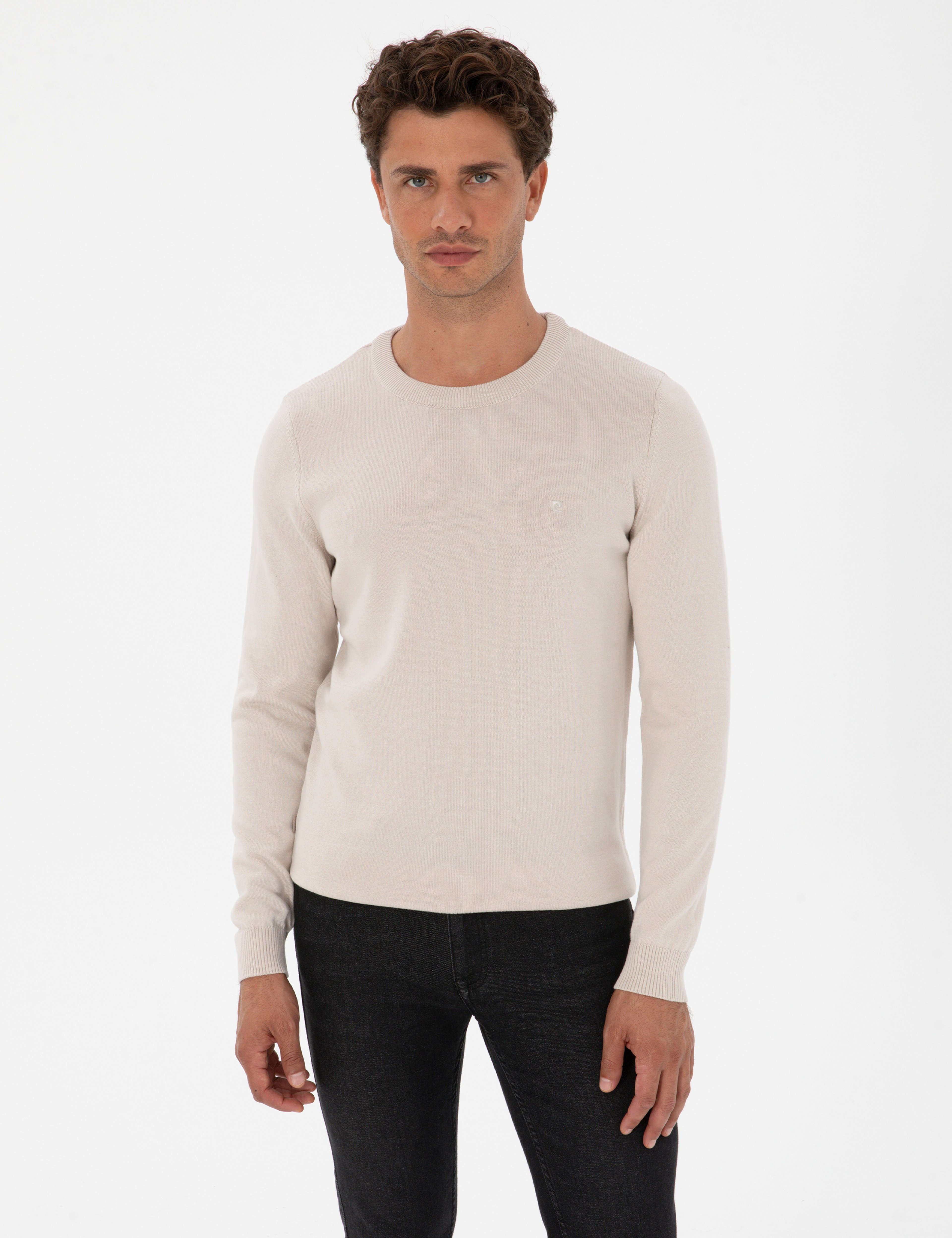 Krem Slim Fit Bisiklet Yaka Basic Triko Kazak - Image 1