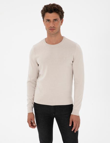 Krem Slim Fit Bisiklet Yaka Basic Triko Kazak - 50315509067