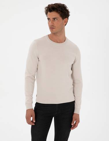Krem Slim Fit Bisiklet Yaka Basic Triko Kazak