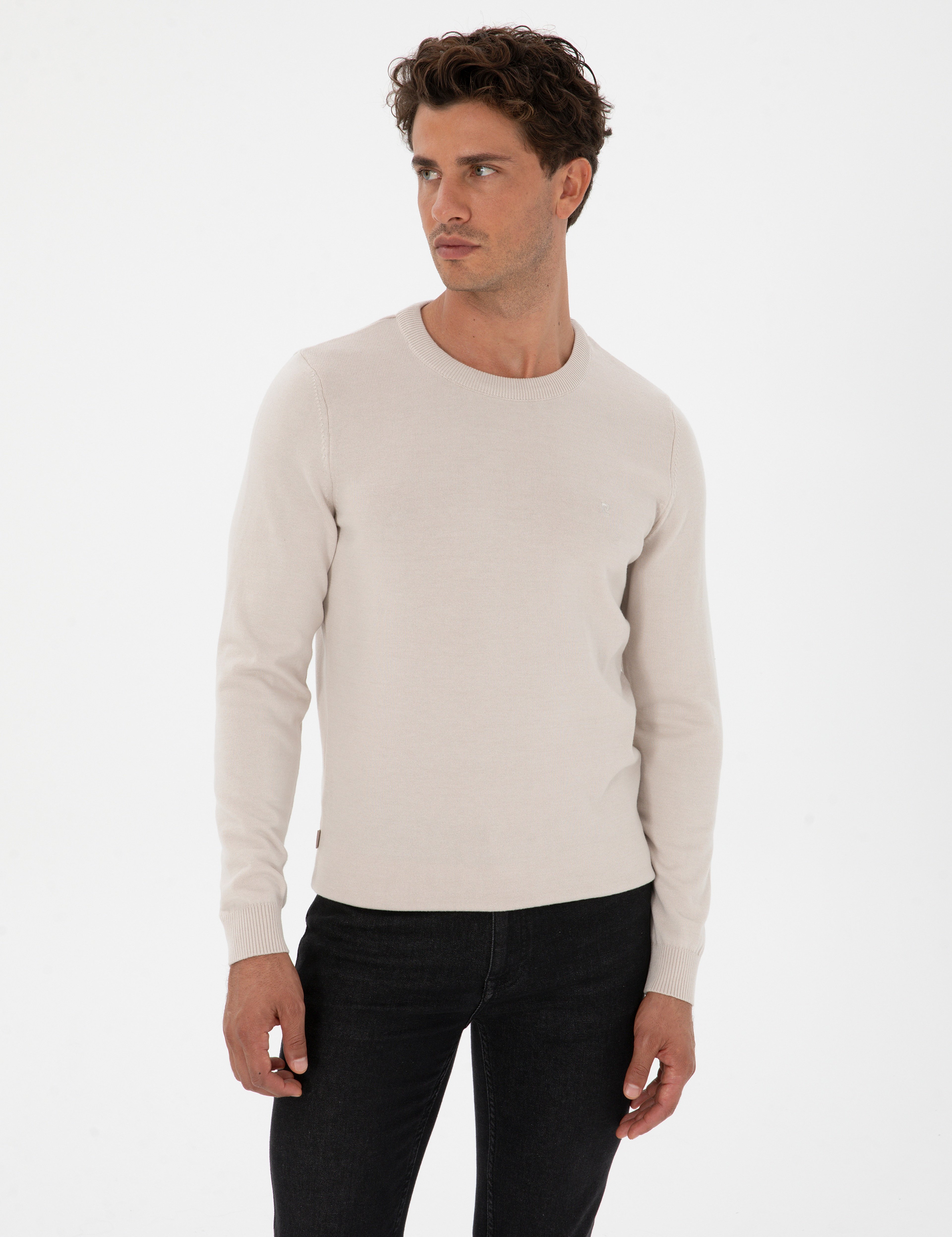Krem Slim Fit Bisiklet Yaka Basic Triko Kazak - Image 3