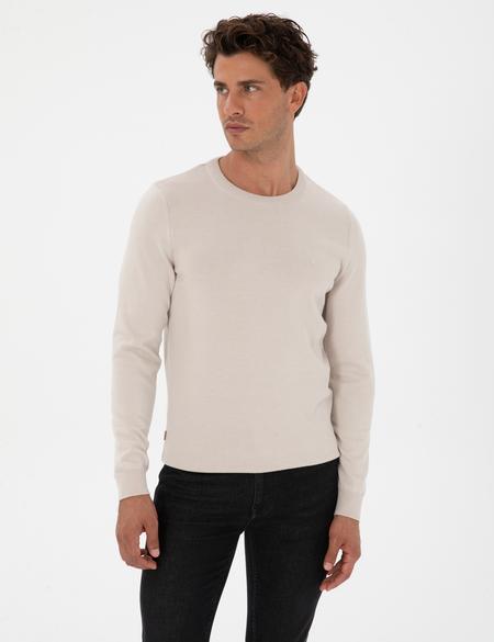 Krem Slim Fit Bisiklet Yaka Basic Triko Kazak - 50315509067