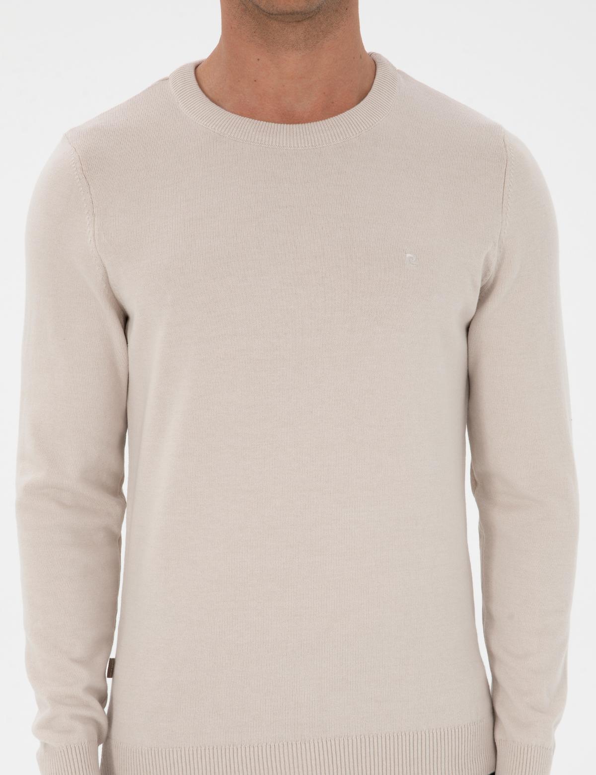 Krem Slim Fit Bisiklet Yaka Basic Triko Kazak - 50315509067