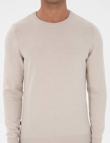 Krem Slim Fit Bisiklet Yaka Basic Triko Kazak