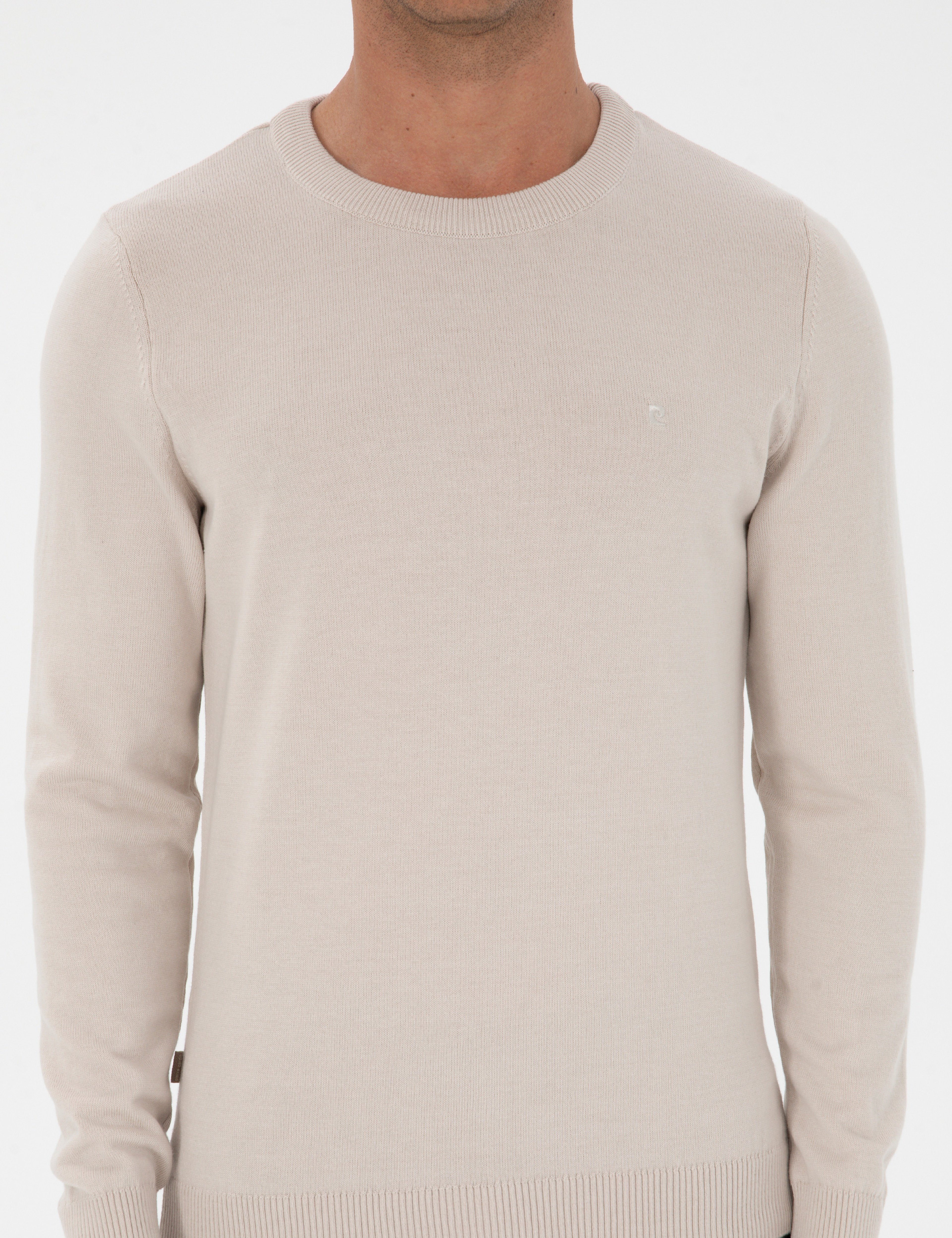 Krem Slim Fit Bisiklet Yaka Basic Triko Kazak - Image 6