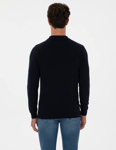 Lacivert Slim Fit Çeyrek Yaka Basic Triko Kazak