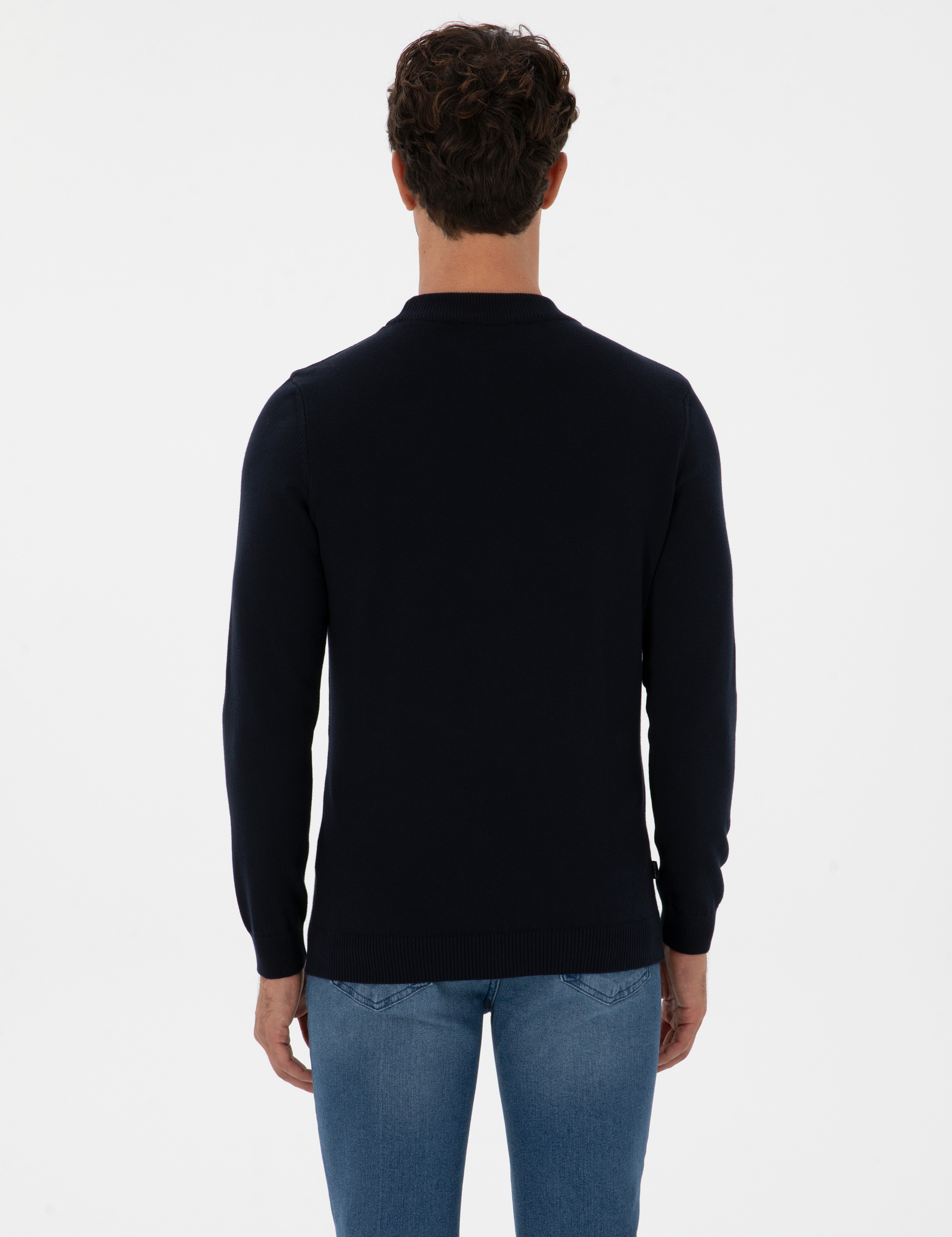 Lacivert Slim Fit Çeyrek Yaka Basic Triko Kazak - Image 5
