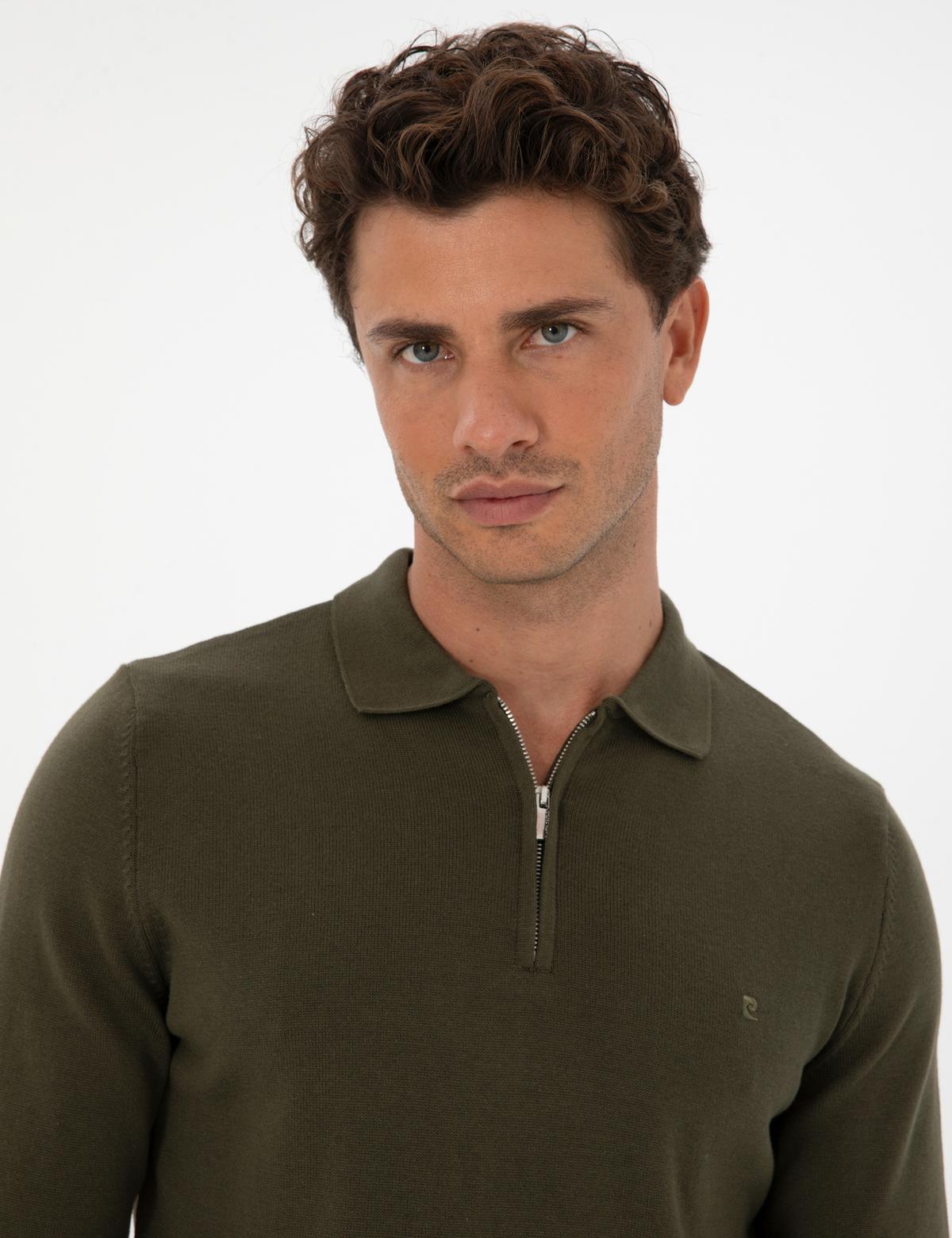 Koyu Haki Slim Fit Polo Yaka Fermuarlı Basic Triko Kazak - 50315406039