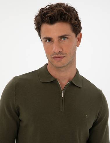 Koyu Haki Slim Fit Polo Yaka Fermuarlı Basic Triko Kazak