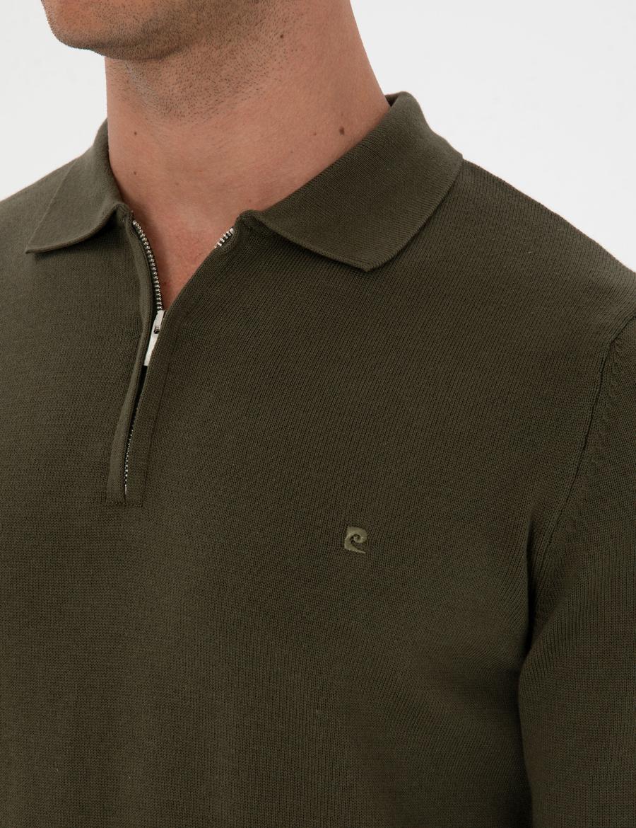 Koyu Haki Slim Fit Polo Yaka Fermuarlı Basic Triko Kazak