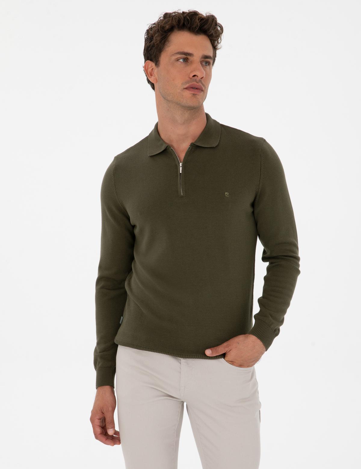 Koyu Haki Slim Fit Polo Yaka Fermuarlı Basic Triko Kazak - 50315406039