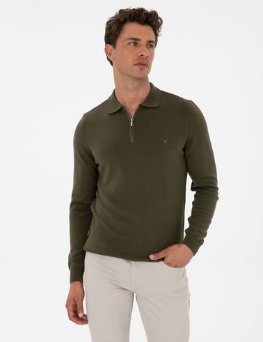 Koyu Haki Slim Fit Polo Yaka Fermuarlı Basic Triko Kazak