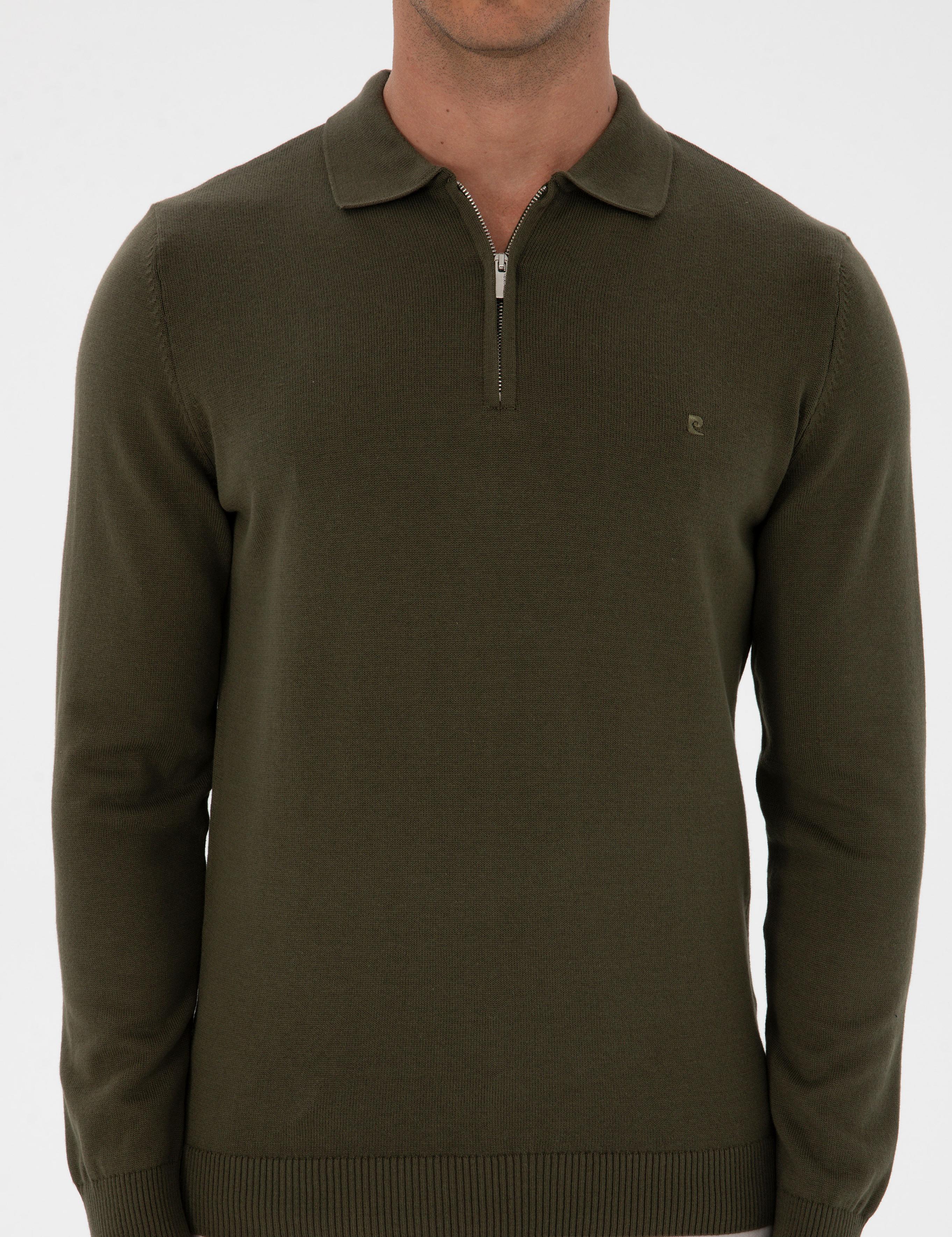 Koyu Haki Slim Fit Polo Yaka Fermuarlı Basic Triko Kazak