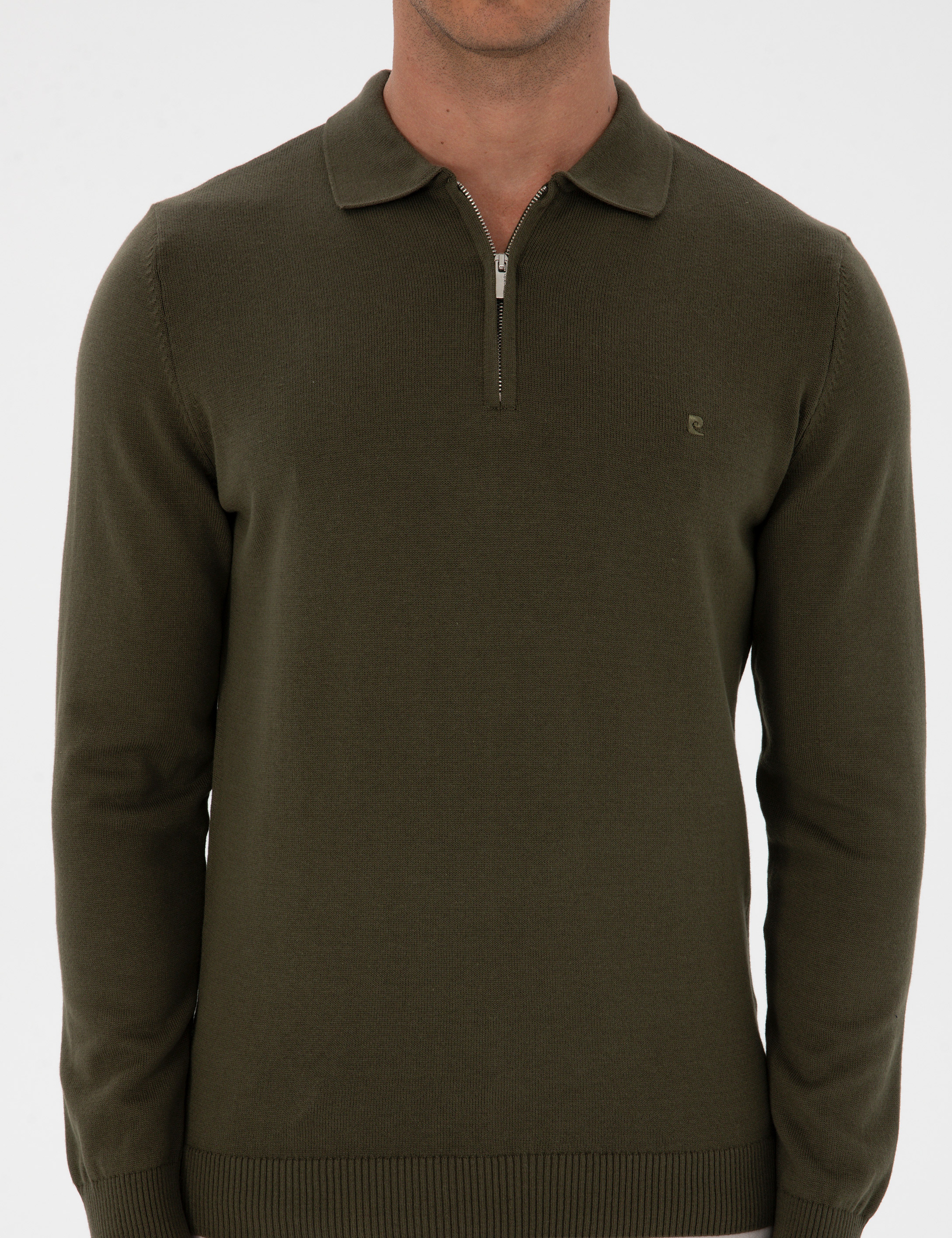 Koyu Haki Slim Fit Polo Yaka Fermuarlı Basic Triko Kazak
