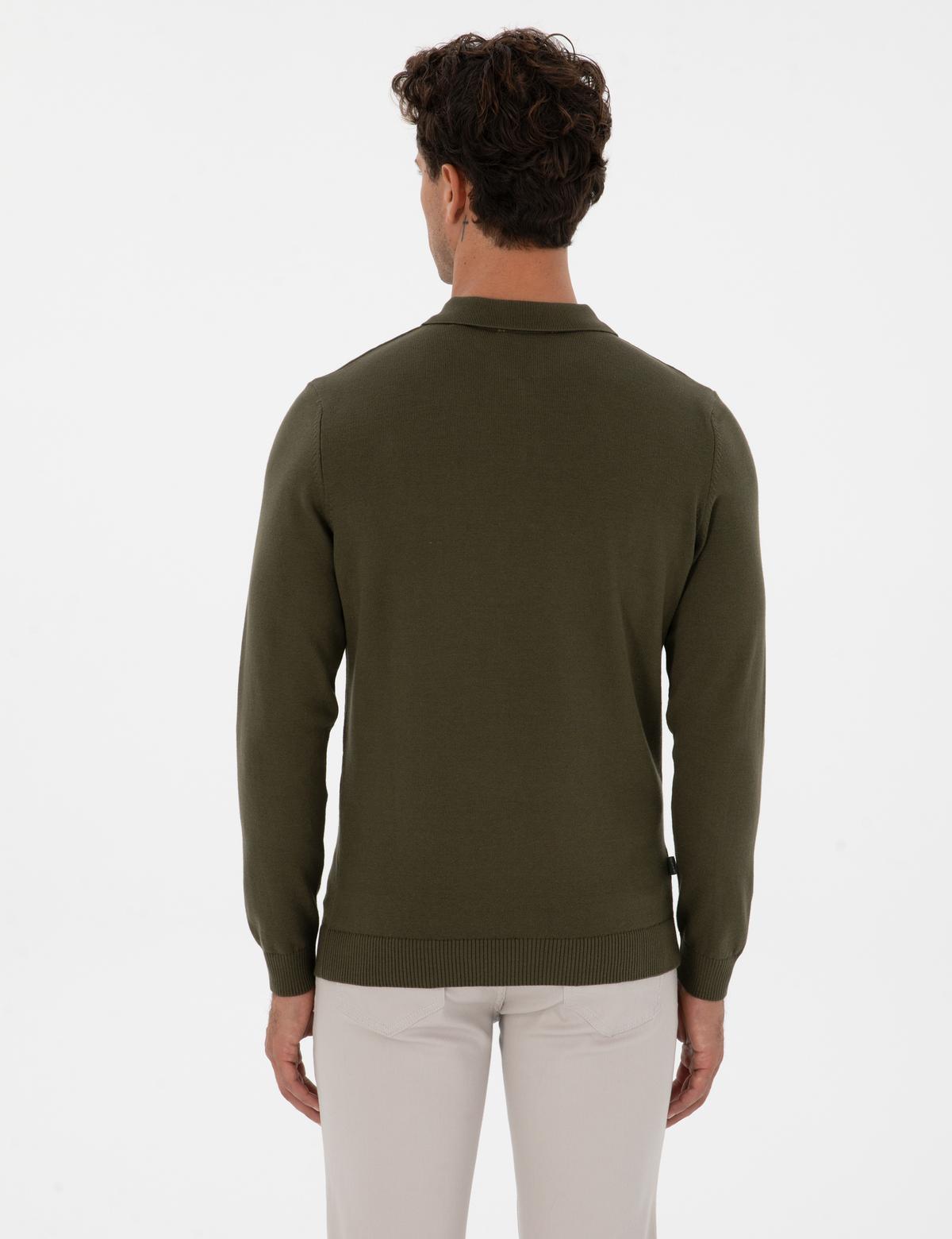 Koyu Haki Slim Fit Polo Yaka Fermuarlı Basic Triko Kazak - 50315406039