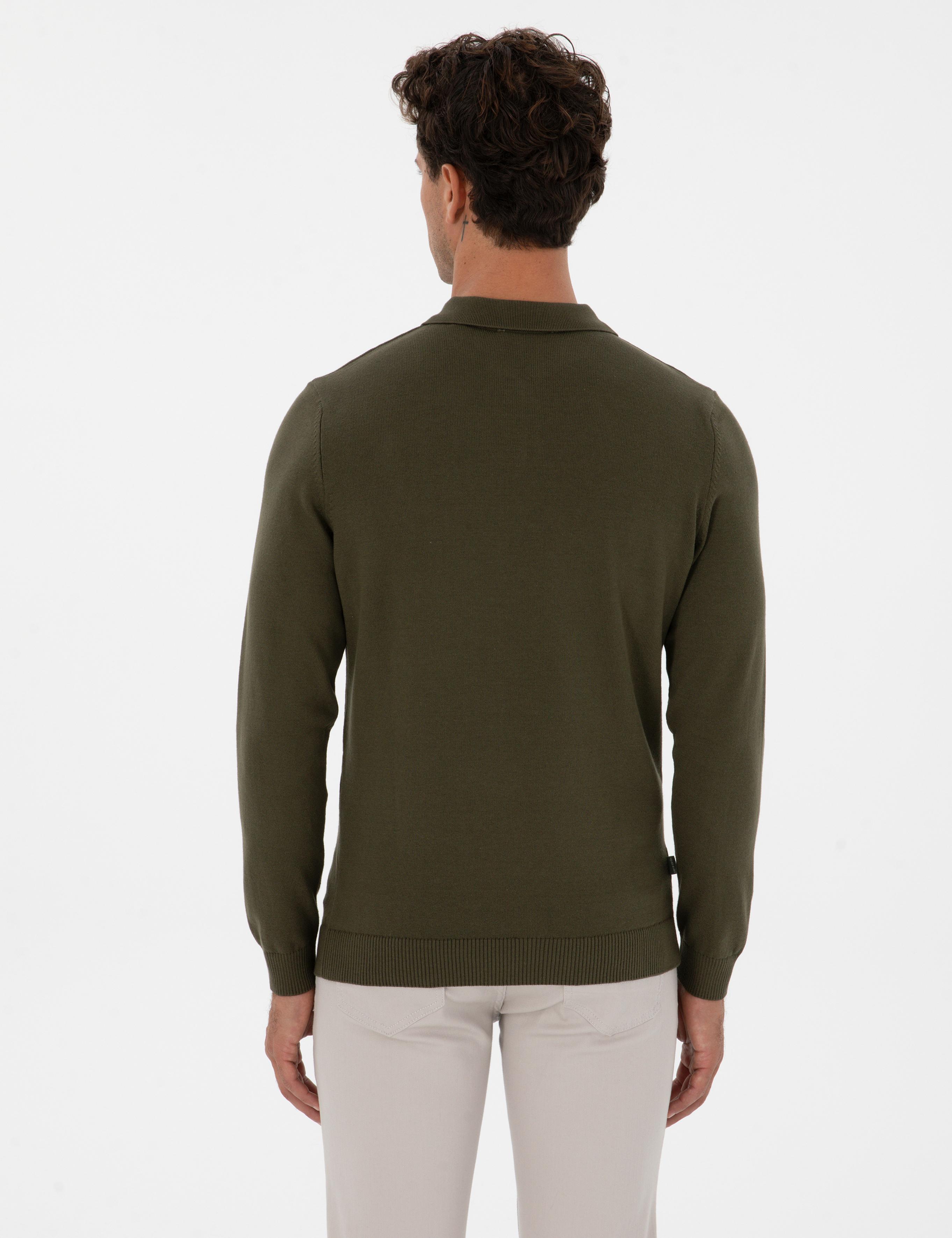 Koyu Haki Slim Fit Polo Yaka Fermuarlı Basic Triko Kazak